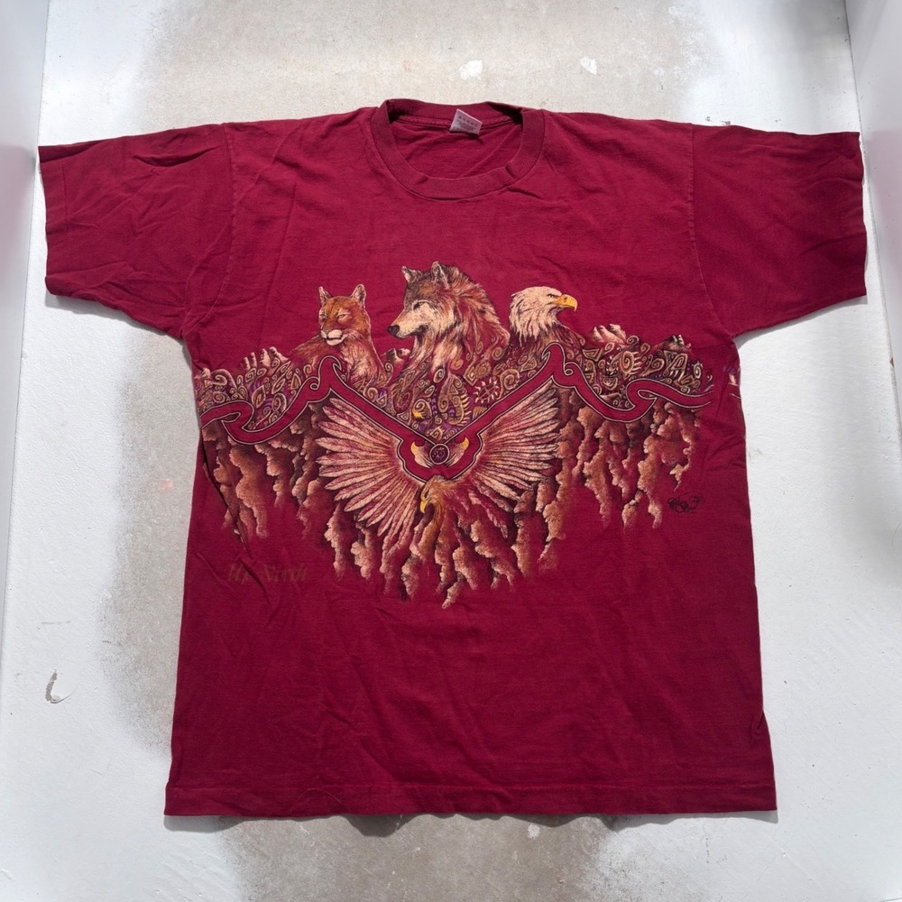 Vintage 90s Fruit of the Loom Wolf Eagle Cougar Graphic T-Shirt XL Maroon Red